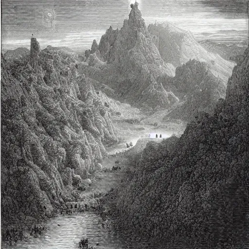 Image similar to the earthly paradise, gustave dore engraving