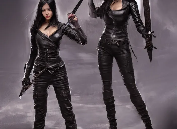 Image similar to black haired woman in a leather jacket, a sword fight, action pose, movie scene, highly detailed, intricate, face enhance, long sharp intricate sword, trending on artstation, action pose