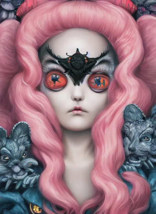 Image similar to pop surrealism, lowbrow art, realistic cute babymetal painting, japanese street fashion, hyper realism, muted colours, rococo, natalie shau, loreta lux, tom bagshaw, mark ryden, trevor brown style,