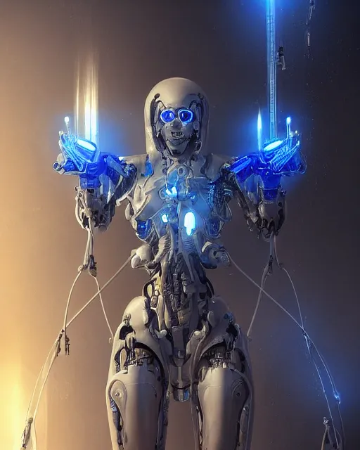 Image similar to benevolent cyborg necromancer, scifi, futuristic, helpful, kind, intelligent, alien room background, white, blue, gold, highly detailed, trending on artstation, soft light, holy machine, advanced technology, art by vitaly bulgarov and nivanh chanthara