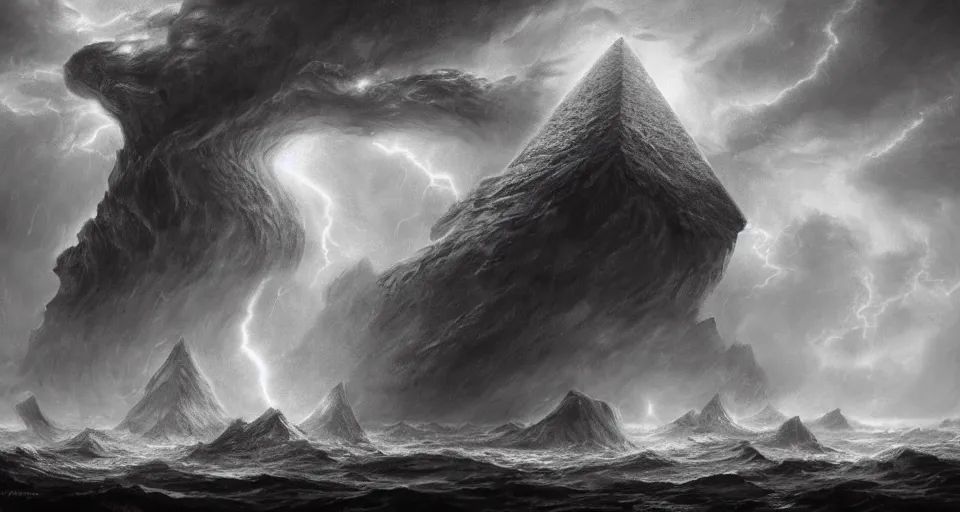 Image similar to black lovecraftian eldritch!! obsidian pyramid!! on a snowy island surrounded by raging stormy seas, with a large shadow of a creature in the background by eugene von guerard, ivan shishkin, night, red lightning!!, storm!, dramatic lighting, concept art, trending on artstation, 8 k