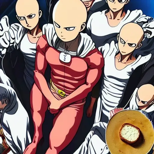 Image similar to saitama one punch man dressed as a baker, in a bakery kitchen, baking french baguette, one punch man instagram thirst trap photo shoot, perfect faces, very detailed, clear focus