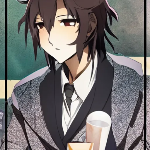 Image similar to Dazai from Bungou Stray Dogs drinking mate