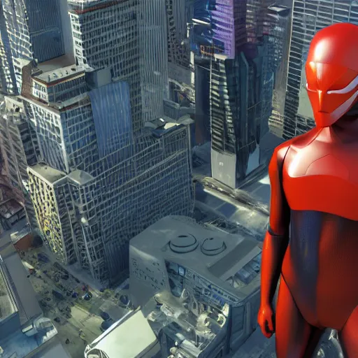 Image similar to funny futuristic colorful Super hero floating in big city , stunning photo real concept art, cinematic, clean, realistic, from algorithmic design by Steve Skroce and Moebius, for James Cameron and Weta workshop, 3d sculpt, 3d high poly render with octane, realistic textures, subtle depth of field, Zeiss lenses, 8k post-processing, manicured, Fuji LUT, smooth, ultradetailed