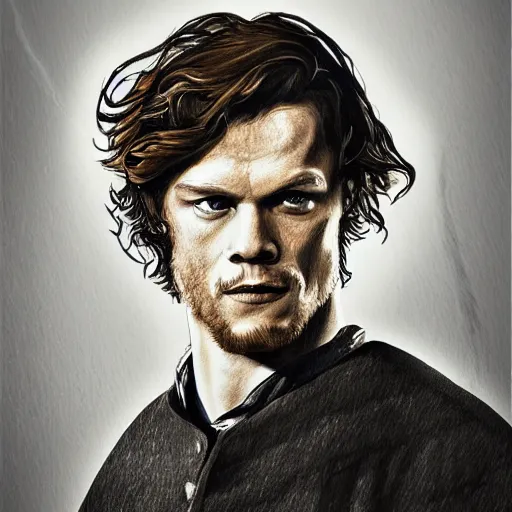 Prompt: Sam Heughan as Jamie Fraser, caricature portrait exaggerated by Sebastian Krüger and Bruno Tesse trending on artstation, hyperdetailed, perfect composition. Scotland background