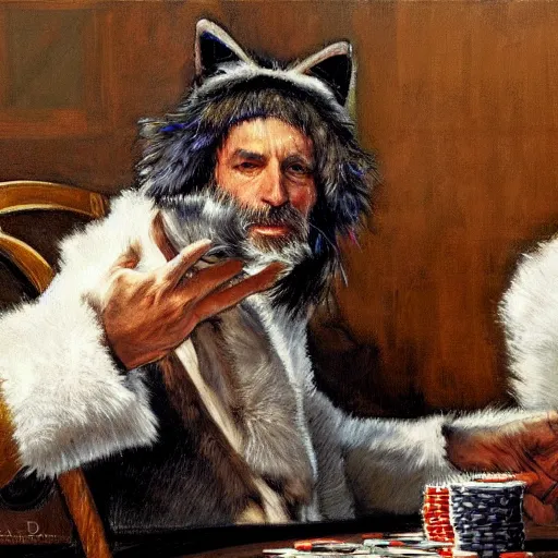 Prompt: man with fur and cat ears, playing poker, by donato giancola