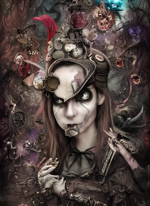 Image similar to alice in wonderland, angry, eerie, scary, cheeky, steampunk googles, highly detailed, cinematic, 8 k, by megan duncanson, benjamin lacombe, adrian borda, stanley artgermm, tom bagshaw, craig mullins, carne griffiths, ayami kojima, beksinski, giger, trending on deviantart, hyper detailed, horror, full of colour