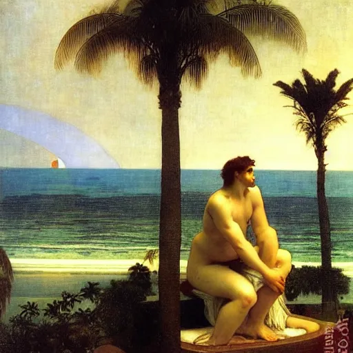 Prompt: The giant column, thunderstorm, greek pool, beach and palm trees on the background major arcana sky, by paul delaroche, alphonse mucha and arnold böcklin arnold böcklin hyperrealistic 8k, very detailed