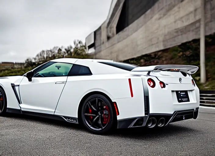 Image similar to 105mm photograph f1.8 full view mid distance front side view white Nissan GT-R showroom beautiful lighting from 2022