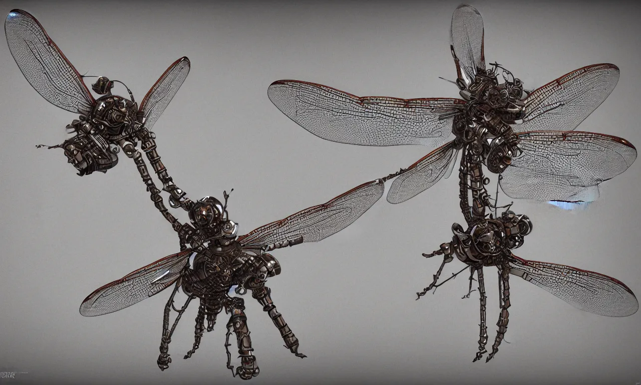 Image similar to diagram of a Mechanical dragonfly, photorealistic, elaborate, highly detailed, octane render, style by Richard Estes,