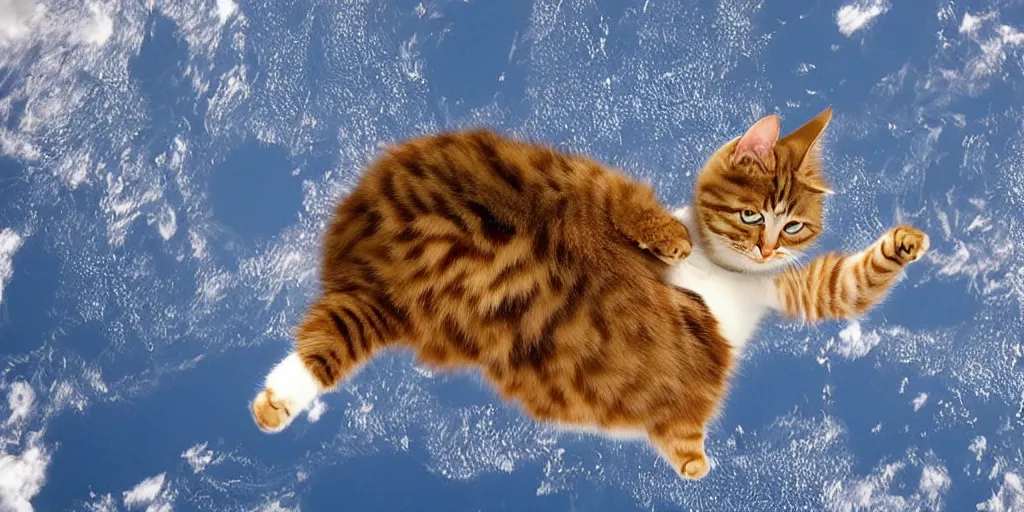 Prompt: an amazing award winning photo of a cat floating in the ISS, hyperdetailed