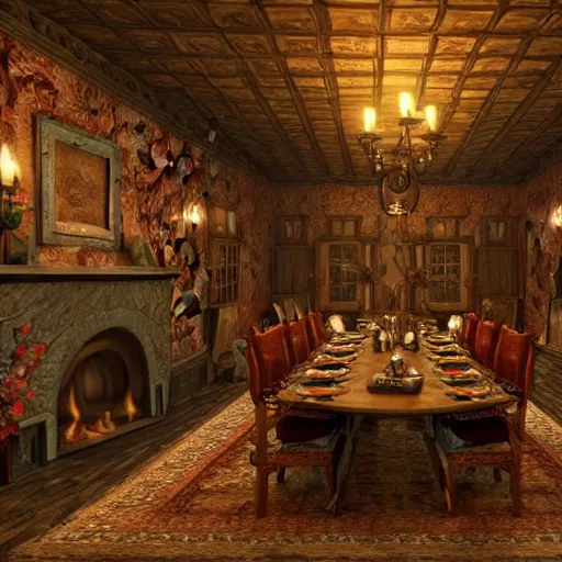 Prompt: the inside of a feywild mansion, with several people sitting around a long dinner table, in front of a fireplace, muted wallpaper, dungeons and dragons, 4 k, highly detailed