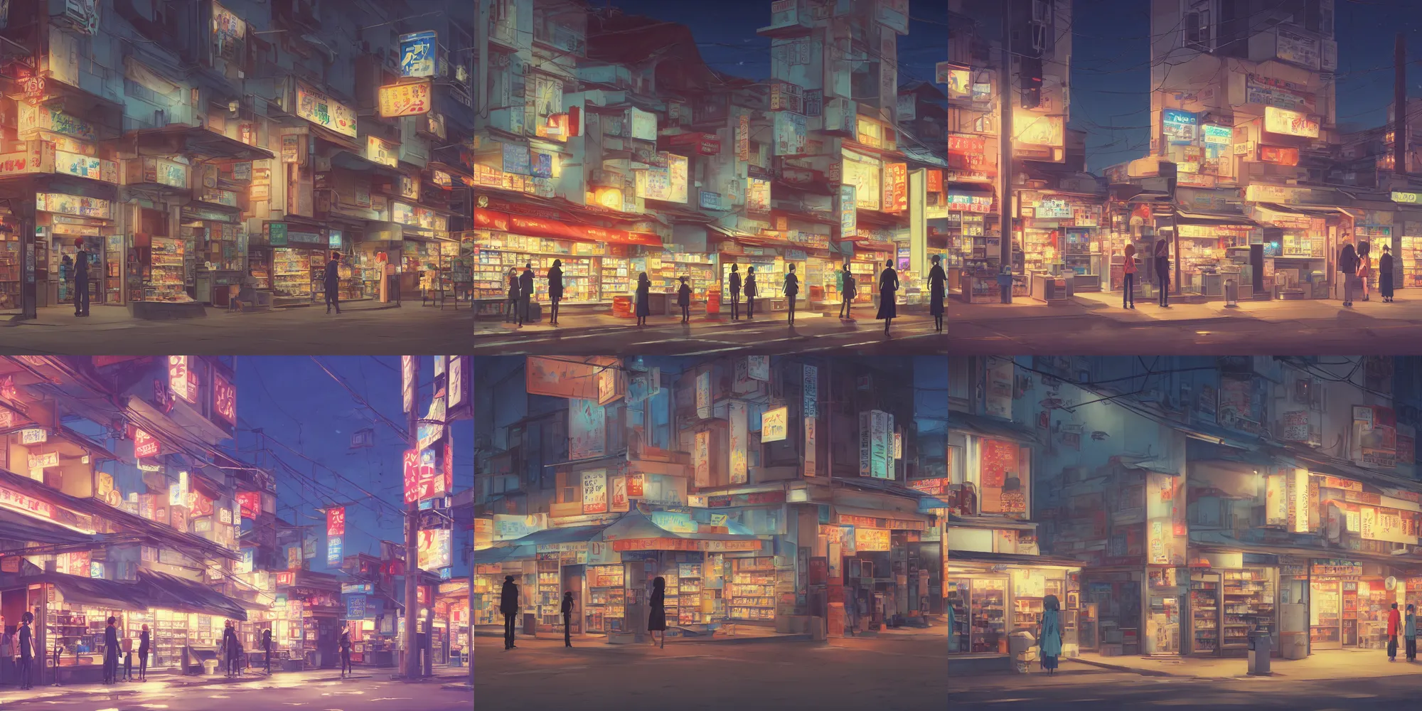 Prompt: convenience store on a quiet street, night time, anime by makoto shinkai, 4 k
