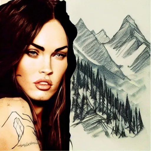 Image similar to tattoo design sketch megan fox face double exposure effect with beautiful mountain scenery, in the style of matteo pasqualin, amazing detail