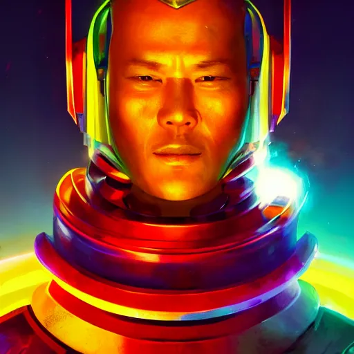 Image similar to a stylized portrait of a kang the conqueror, stylized, arcane magic, red and yellow vapor, neon color, vivid color, lens flare, volumetric light from below, background by justin gerard, hyperdetailed concept art by Ross Tran and Greg Rutkowski, trending on ArtStationHQ, 8k