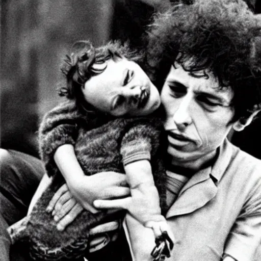 Prompt: bob dylan cradling belial from basket case like a baby, photograph, 1 9 6 5