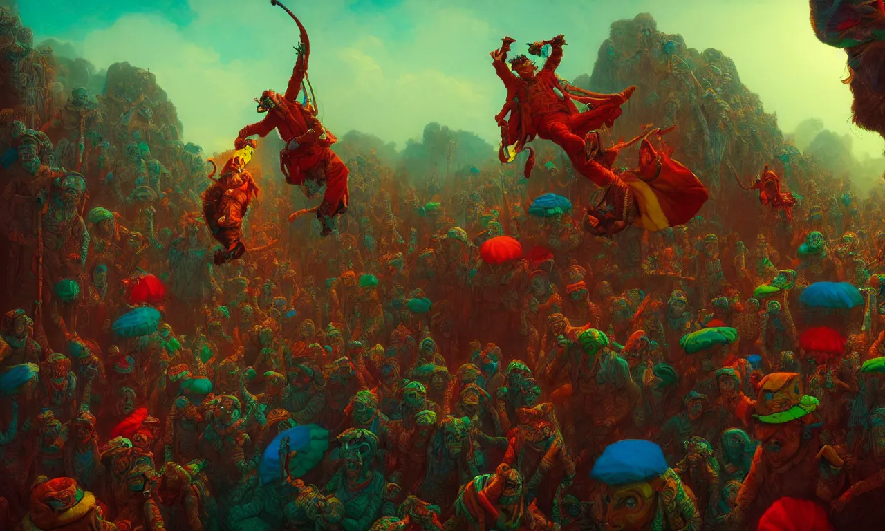 Image similar to a cinematic shot of shmiggle biggles in the bleem podorkers, colorful, by Andy Thomas, Mario Martinez, Daniel Mirante, Gustave Dore, Artstation, CGsociety, masterpiece