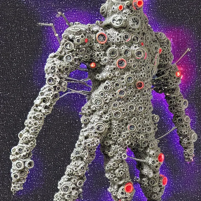 Prompt: a cybernetic symbiosis of a single astronaut mech-organic eva suit made of pearlescent wearing anodized thread knitted shiny ceramic multi colored yarn thread infected with kevlar,ferrofluid drips,carbon fiber,ceramic cracks,gaseous blob materials and diamond 3d fractal lace iridescent bubble 3d skin dotted covered with orb stalks of insectoid compound eye camera lenses orbs floats through the living room, film still from the movie directed by Denis Villeneuve with art direction by Salvador Dalí, wide lens,