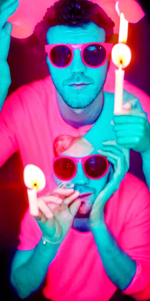 Prompt: portrait of a misterious man wearing sunglasses, his face is covered an is lit by candles, turquoise and pink lighting, photography, lo-fi television image, 1980s, cinestill 800t