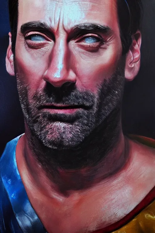Image similar to hyperrealism oil painting, close - up portrait of jon hamm, knight, steel gradient mixed with nebula sky, in style of baroque
