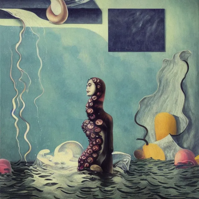 Image similar to tall female artist holding a nautilus in her flooded kitchen, pomegranates, octopus, water gushing from ceiling, painting of flood waters inside an artist's apartment, a river flooding indoors, candles, ikebana, zen, rapids, waterfall, black swans, canoe, berries, acrylic on canvas, surrealist, by magritte and monet