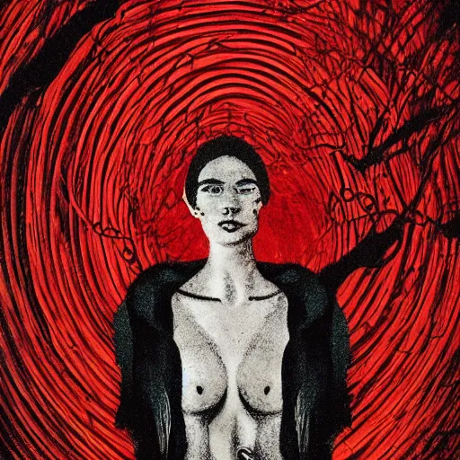 Image similar to A beautiful illustration of a small figure standing in the center of a dark, foreboding landscape. The figure is surrounded by strange, monstrous creatures, and there is a feeling of unease and dread. red, alhambresque by Lyubov Popova, by Ryan McGinley rich details