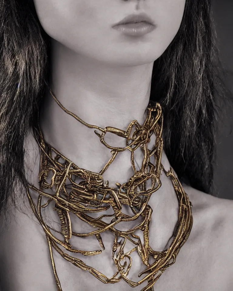 Prompt: super realistic portrait, skin detailed, of a beautiful model with a weird tribal necklace in the neck, detail photo, minimal design, made of gold, canon, film camera, photography, digital art, balenciaga