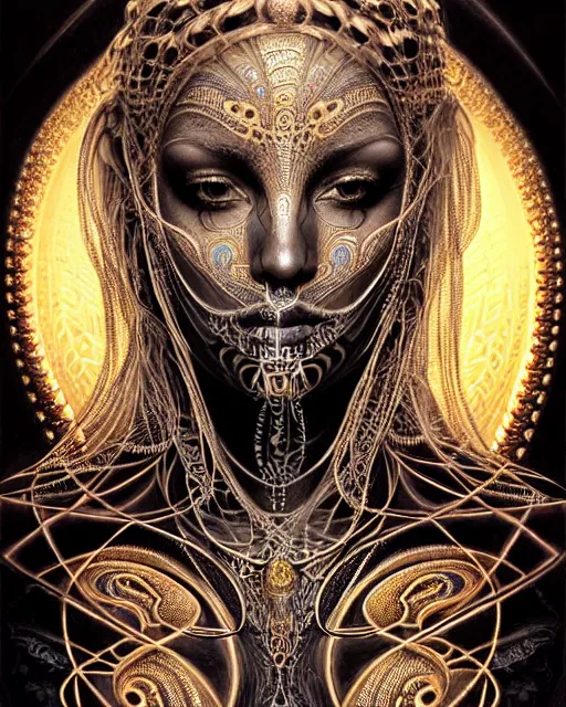 Image similar to hyperrealistic detailed face portrait of the beautiful dark goddess with an intricate golden ornamental geometrical ritual mask, intricate cyberpunk tattoos, glowing ceremonial markings, emotionally dark figure, insane details, art by ernst haeckel, nekro borja, android jones, gothic - cyberpunk, ornamental, dimmed pastel colours,