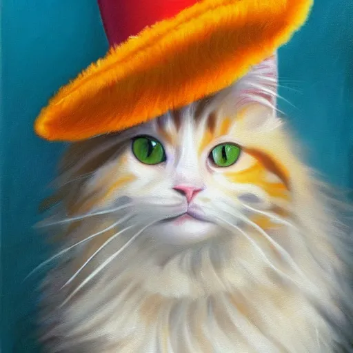 Image similar to Portrait Oil Painting, Ginger Ginger Maine-Coon with a white white fluff wearing a sombrero sombrero sombrero sombrero