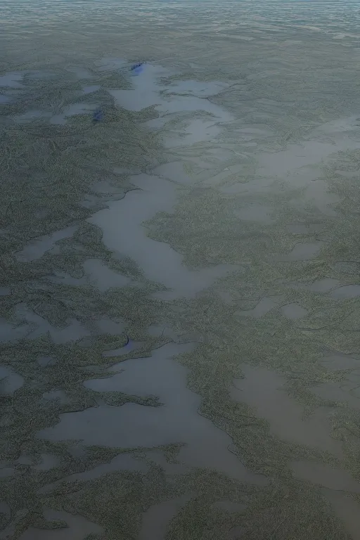 Prompt: cinematic stunning concept art dry river delta aerial view of dense swampland by denis villeneuve and hiroshi yoshida and rothko, full height fluid simulation in houdini, distant mountain range, hyperrealism, moorland, matte painting, prometheus, trending on artstation, 8 k very hight detail, rendered in octane