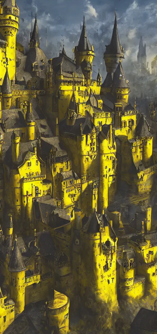 Prompt: A digital concept art painting of a black and yellow fantasy european castle in a city, ,sunny day, 4K UHD image, unreal engine, Graphic Novel, Visual Novel, professional lighting,deviantart,artstation, vibrant colors, 8k photorealistic, HD, high details,solarpunk