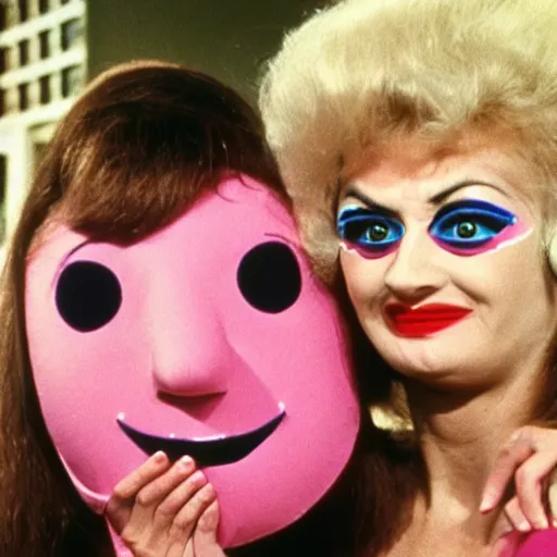 Image similar to 1978 twin women on tv show wearing an inflatable smileymask with a long prosthetic nose and googly eyes, technicolor wearing a leotard at the store 1978 color film 16mm holding a hand puppet Fellini John Waters Russ Meyer Doris Wishman