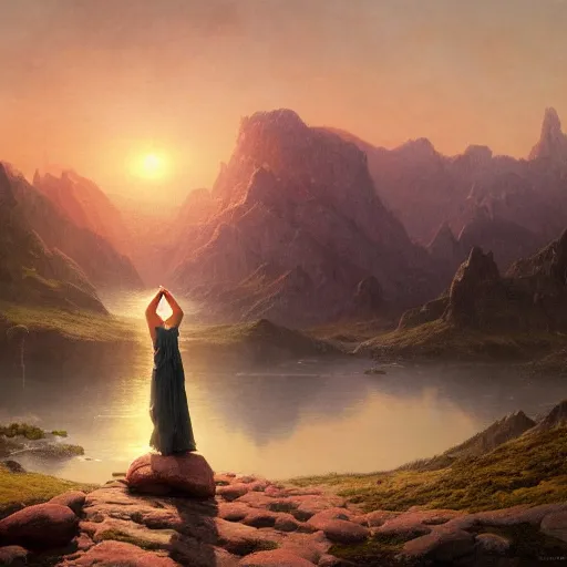 Image similar to an ultradetailed matte landscape painting of a large mountain made into a sculpture of a woman, sunrise on the horizon in the background, stone hand raised up, 8 k, art by greg rutkowski and albert bierstadt