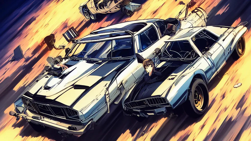 Image similar to anime illustration of mad max's fj 4 0 pursuit special, the last v 8 interceptor driving down to the gates of valhalla highway, riding fury road eternal shiny and chrome, world of fire and blood, by makoto shinkai, ilya kuvshinov, lois van baarle, rossdraws, basquiat, global illumination ray tracing hdr