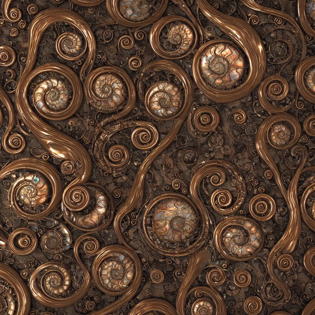 Prompt: art nouveau bubbles in cresting oil slick waves, ammonites, abalone, ornate copper patina medieval ornament, rococo, organic rippling spirals, octane render