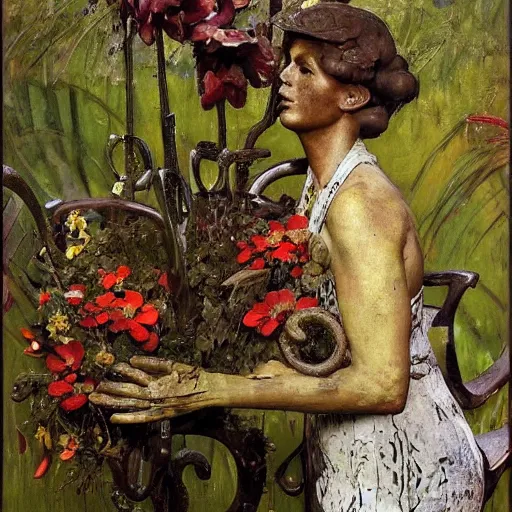 Prompt: a sculpture portrait made of ceramic and metal and flowers and plants, painting part by wojciech siudmak, part by ilya repin, part by max ernst, part by norman rockwell, artstation