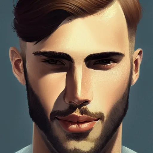 Image similar to tall chunky man in his twenties with brown blond short regular haircut and round facial structure with cleft chin, straight eyebrows, slightly smiling, cheekbones, straight nose, wider face, shadow of beard, atmospheric lighting, painted, intricate, 4 k, highly detailed by charlie bowater