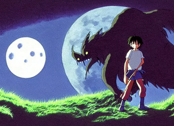 Image similar to a still from a studio ghibli movie of a cartoon shadow demon from princess mononoke ( 1 9 9 7 ), in front of a pale full moon, full body, wide shot, very dull muted colors, studio ghibli, highly detailed, deviantart, art by artgem