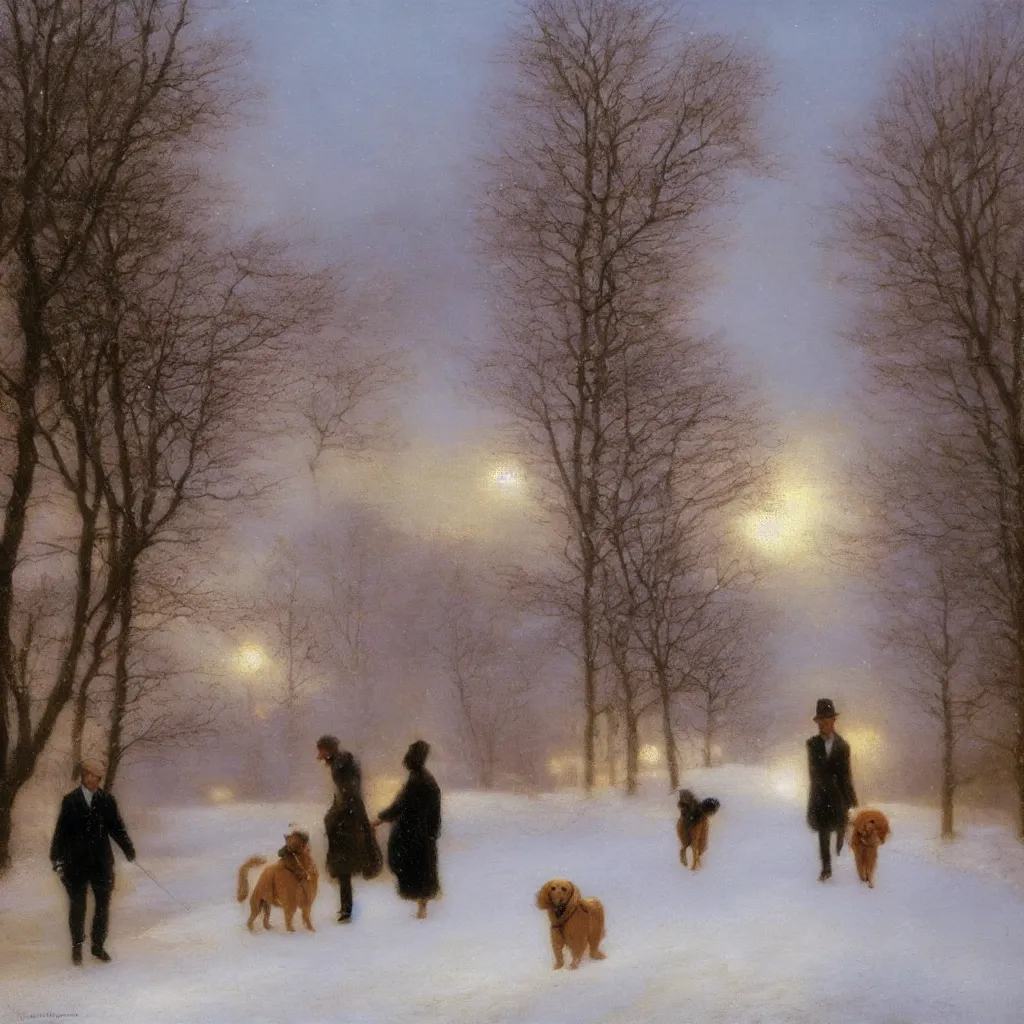 Image similar to Painting of a man and a woman walking their golden retriever dog in a snowy path, romantic, painted by Delphin Enjolras