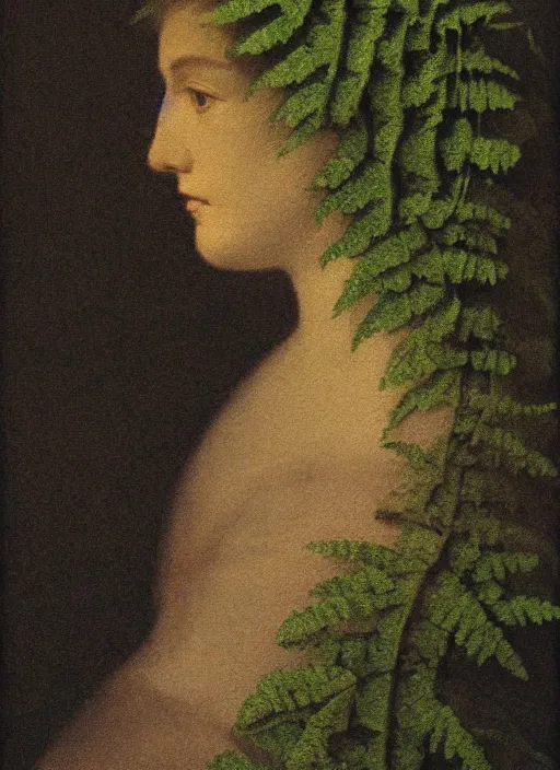 Prompt: a woman's face in profile, made of delicate ferns, in the style of the Dutch masters and Gregory Crewdson, dark and moody