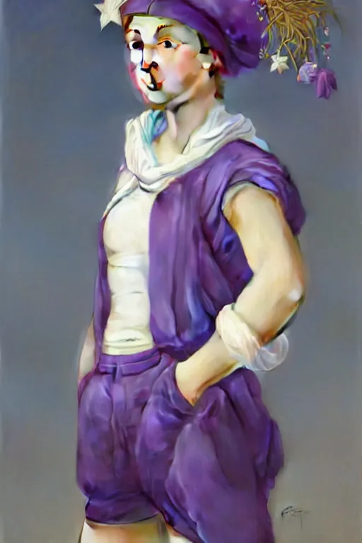 Prompt: Full View girl with short blond hair wearing an oversized purple Beret, Baggy Purple overall shorts, Short Puffy pants made of silk, silk shoes, a big billowy scarf, Golden Ribbon, and white leggings Covered in stars. Short Hair. masterpiece 4k digital illustration by Ruan Jia and Mandy Jurgens and Artgerm and william-adolphe bouguereau, award winning, Artstation, art nouveau aesthetic, Alphonse Mucha background, intricate details, realistic, panoramic view, Hyperdetailed, 8k resolution, intricate art nouveau