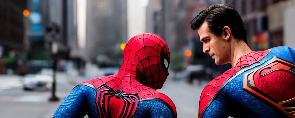 Prompt: spider - man and superman meet in new york city street, high res, shallow depth of field, realistic image