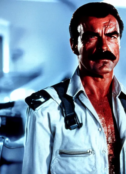 Image similar to film still of tom selleck as the terminator in terminator, 4 k