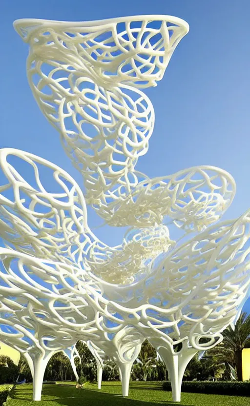 Prompt: elegant white art 3 d printed parametric installation with playful surreal tall lemon groves, urban playground, fluidity, vincent callebaut, mamou - mani, voronoi pavilion with huge white magnolias above