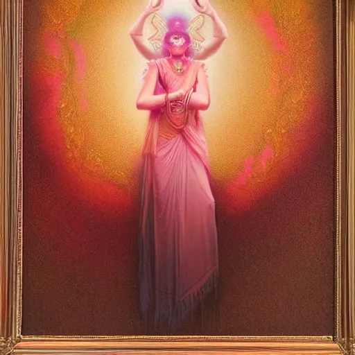 Image similar to old Indian majestic lady, looking upwards with hands clasped, despair, pink and gold, mystic, by Anato Finnstark, Tom Bagshaw, Brom