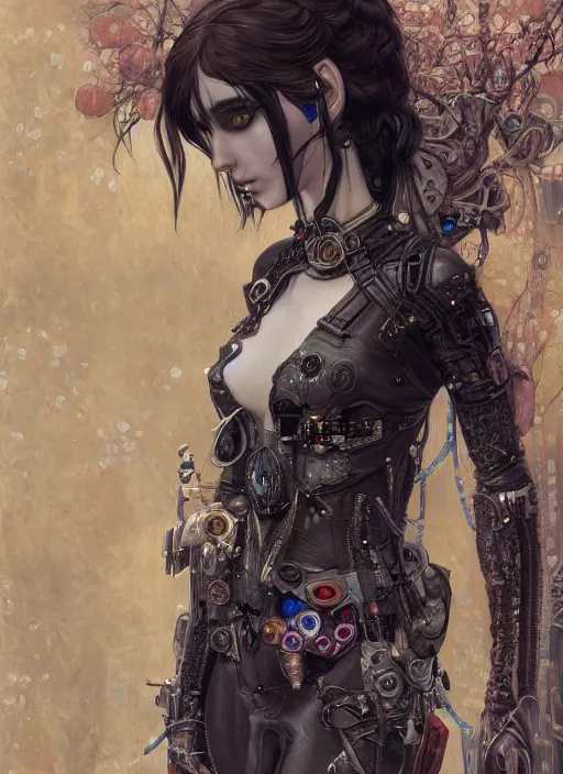 Image similar to portrait of beautiful young gothic maiden, cyberpunk, Warhammer, highly detailed, artstation, illustration, art by Gustav Klimt and Range Murata