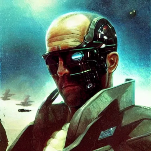 Image similar to jason statham as sci - fi bounty hunter, chris foss, john harris, beeple, wayne barlowe