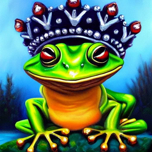 Image similar to beautiful oil painting painting of a frog wearing a crown in swamp