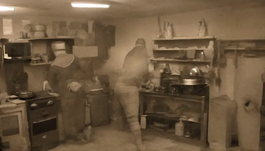 Prompt: a headless man in a stalinist style kitchen, by mini dv camera, very very low quality, heavy grain, very blurry, accidental flash, webcam footage, found footage, security cam, caught on trail cam