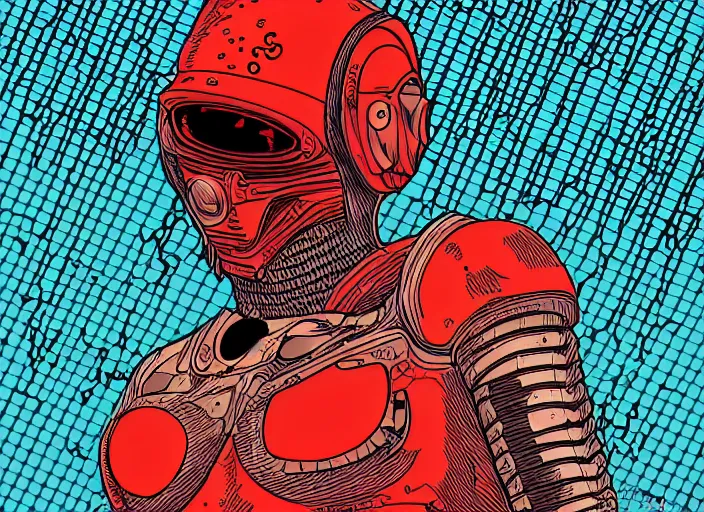 Image similar to martian citizen cyborg by moebius, vector art, cyberpunk, white flat background